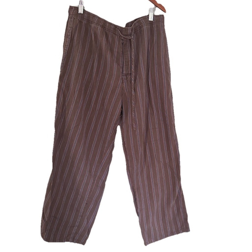 Life Is Good Pajama Pants Womens M Brown Blue Stripes Lounge Sleep Drawstring